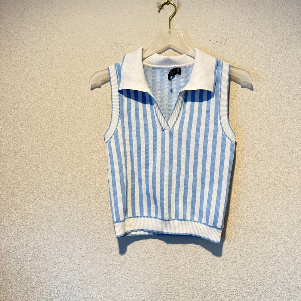 Balboa Womens Light Blue White Striped Sleeveless Knit Polo Sweater Vest Large